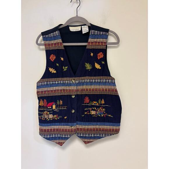 Vintage Granny CASEY & MAX VEST Embroidered Patchwork Pastoral Autumn Leaves - Picture 1 of 6